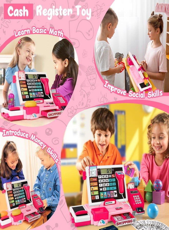 maysida Kids Cash Register Toy Playset, Toddler Prentend Play Store with Real Calculator Cash Register with Scanner/Credit Card/Play Money/Food, Learning Toys for Boys Girls Toddlers(Pink) - Image 5
